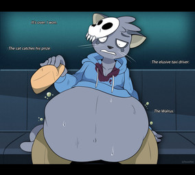 abdominal_bulge anthro belly big_belly bodily_fluids bottomwear clothed clothing death dialogue digestion eye_bags fatal_vore fur hair half-closed_eyes hat headgear headwear holding_clothing holding_hat holding_headgear holding_headwear holding_object jacket looking_at_belly male mask narrowed_eyes navel pants rumbling_stomach saliva saliva_string seat sitting soft_vore solo sweat text topwear vore whiskers darkcresentskymin odd_taxi hajime_tanaka_(odd_taxi) cougar felid feline mammal 2022 hi_res