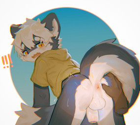 all_fours ambiguous_gender anthro anus backsack balls biped black_body blush bodily_fluids butt clothing disembodied_hand duo flaccid foreskin genitals glans hair half-closed_eyes hand_on_butt humanoid_genitalia humanoid_penis jacket kemono male male/ambiguous male_anthro narrowed_eyes open_mouth orange_eyes partially_retracted_foreskin penis perineum rear_view shota spread_butt spreading sweat topwear unretracted_foreskin white_hair young young_anthro young_male cloudcat canid canine canis mammal wolf chromatic_aberration hi_res