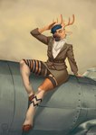 aircraft airplane anthro army_uniform bottomwear bulge clothed clothing crossdressing femboy garter_straps gesture male pose salute skirt solo vehicle lizuf_(artist) saturdaii_(fauxcroft) deer mammal new_world_deer reindeer absurd_res hi_res huge_filesize pinup