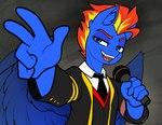 anthro blue_body blue_eyes blue_fur clothing electronics fangs fur male microphone necktie open_mouth smile solo teeth wings airfly-pony lobotomy_corporation mythology project_moon wing_hurricane equid equine mammal mythological_creature mythological_equine pegasus 2025 digital_media_(artwork)