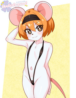 :3 anthro biped black_clothing blush clothed clothing eyelashes female flat_chested hair loli looking_at_viewer navel one-piece_swimsuit orange_hair pupils simple_background skimpy sling_bikini smile solo swimwear tail white_body young young_anthro young_female unholysoul mammal mouse murid murine rodent absurd_res hi_res