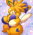 anthro big_breasts black_nose blush breasts bunny_costume clothing costume fake_ears fake_rabbit_ears female fur green_inner_ear heart_clothing heart_symbol open_mouth orange_body orange_ears orange_fur paws solo tail white_body white_fur white_tail ebino_senaka nintendo pokemon generation_9_pokemon pawmot pokemon_(species) hi_res