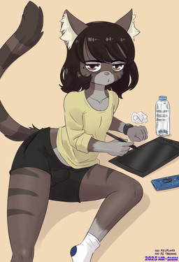 5_fingers anthro big_butt black_bottomwear black_clothing black_shorts bottle bottomwear brown_body brown_eyes brown_fur bulge butt clothing container drawing_tablet fingers footwear fur gloves_(marking) grey_body grey_fur inner_ear_fluff leg_markings looking_at_viewer male markings midriff mole_(marking) pink_inner_ear pink_nose pupils shirt shorts socks socks_(marking) solo thick_thighs topwear tuft water_bottle white_body white_clothing white_footwear white_fur white_inner_ear_fluff white_socks wide_hips yellow_clothing yellow_shirt yellow_topwear mr-shin cat_sona_(mr-shin) domestic_cat felid feline felis mammal 2025 hi_res
