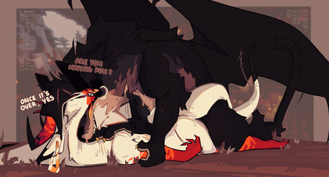 bodily_fluids claws dialogue duo ear_piercing facial_piercing female feral fur horn male male/female nose_piercing nose_ring obscured_penetration obscured_sex piercing ring_piercing scales sharp_teeth sweat tail teeth text white_body white_scales wings nahyon mythology nahyon_(character) siela_(velannal) dragon furred_dragon furred_scalie mythological_creature mythological_scalie scalie english_text hi_res