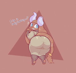 2_horns accessory anthro asking_viewer big_butt big_eyes black_clothing black_leggings black_legwear blue_eyes bodily_fluids broken_horn brown_background brown_body brown_fur bubble_butt butt clothed clothing dialogue digitigrade dress emanata eyebrows eyelashes feet female fingers flash_emanata floppy_ears fully_clothed fur furgonomics green_clothing green_dress horn huge_butt leaning leaning_forward leggings legwear looking_back_at_self looking_down looking_down_at_butt looking_down_at_self lop_ears nervous open_mouth pink_nose presenting presenting_hindquarters pupils question rear_view short simple_background slightly_chubby slightly_chubby_anthro slightly_chubby_female solo standing stuttering sweat sweatdrop tail tail_accessory talking_to_viewer text thick_thighs tight_clothing tight_dress toes wavy_mouth white_horn white_pupils wide_hips yes-no_question moogers furred_kobold furred_scalie kobold scalie cel_shading digital_media_(artwork) english_text full-length_portrait hi_res portrait shaded