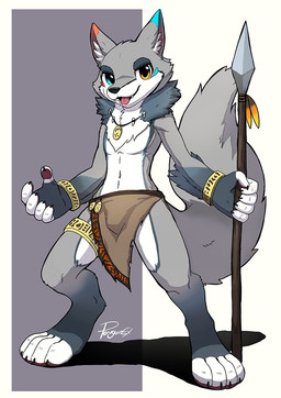 4_toes anthro barefoot blue_eyes bottomwear brown_bottomwear brown_clothing brown_loincloth brown_pawpads bulge claws clothed clothing digitigrade feet front_view fur glistening glistening_eyes grey_body grey_fur head_tuft heterochromia holding_melee_weapon holding_object holding_polearm holding_spear holding_weapon loincloth male melee_weapon navel open_mouth open_smile orange_eyes pawpads paws polearm red_tongue simple_background smile solo spear standing toes tongue topless tuft weapon white_body white_fur penguinexperience canid canine canis mammal wolf full-length_portrait portrait signature