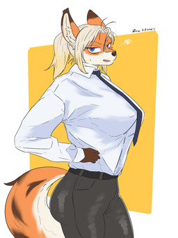 anthro big_breasts black_eyes breasts clothing female huge_breasts office_lady solo suit zincx canid canine fox mammal absurd_res hi_res