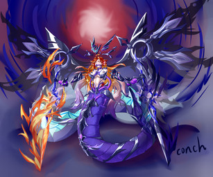 alternate_species arms_bound_behind_back bdsm bondage bound breasts breathable_gag corruption ear_fins female fin gag gagged hair light_body light_skin mermaidification navel red_eyes red_hair solo split_form wings conch_(pixiv) genshin_impact mihoyo lord_of_eroded_primal_fire mavuika_(genshin_impact) aquatic humanoid_merfolk merfolk absurd_res hi_res