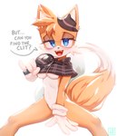 anthro blue_eyes bottomless breasts cheek_tuft clothed clothing covering covering_crotch crossgender detective facial_tuft female fluffy fluffy_tail fur hat headgear headwear looking_at_viewer magnifying_glass medium_breasts mtf_crossgender open_mouth orange_body orange_fur partially_clothed sitting solo tail tuft under_boob existenc3 sega sonic_the_hedgehog_(series) the_murder_of_sonic_the_hedgehog miles_prower canid canine fox mammal hi_res