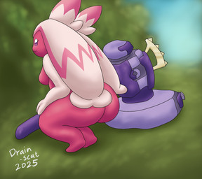 anthro breasts butt crouching female hair hammer hands_on_legs multicolored_body nude outside pink_body pink_eyes plant pokemorph sky solo tools tree two_tone_body white_body white_hair drain_scat nintendo pokemon generation_9_pokemon pokemon_(species) tinkaton 2025 hi_res