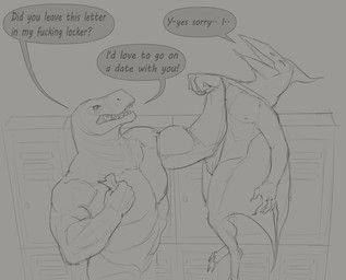 anthro beak claws duo eyes_closed finger_claws holding_another inside locker_room male membrane_(anatomy) membranous_wings muscular muscular_anthro muscular_male narrowed_eyes nude open_mouth profanity side_view speech_bubble standing text toe_claws wings aduran dinosaur prehistoric_species reptile scalie absurd_res english_text hi_res monochrome