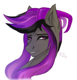 2_horns ambiguous_form black_eyebrows black_eyeshadow black_hair curved_horn ear_tuft eyebrows eyelashes eyeshadow female fur grey_body grey_fur hair horn lidded_eyes light long_hair makeup multicolored_hair open_mouth purple_eyes purple_hair purple_horn simple_background solo text tuft two_tone_hair white_background rayrage hasbro my_little_pony fan_character equid equine horse mammal pony 2021 artist_name colored digital_drawing_(artwork) digital_media_(artwork) english_description headshot_portrait lighting portrait shaded