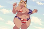 5_fingers american_flag american_flag_bikini anthro big_breasts bikini biped blonde_hair breasts brown_body brown_ears brown_eyes brown_fur bulge cheek_tuft cleavage clothed clothed_anthro clothed_gynomorph clothed_intersex clothing cloud curvy_figure day detailed_background detailed_bulge ear_piercing ear_stud eyelashes facial_tuft fingers flag flag_bikini flag_print front_view fur genital_outline gynomorph hair huge_breasts humanoid_hands intersex kemono long_hair looking_at_viewer monotone_body monotone_fur monotone_hair navel neck_tuft open_mouth outside penis_outline piercing print_bikini print_clothing print_swimwear skimpy sky slightly_chubby solo standing style_emulation swimwear thick_thighs tuft two-piece_swimsuit united_states_of_america wide_hips morokko felid feline mammal 3:2 colored digital_media_(artwork) hi_res portrait shaded three-quarter_portrait