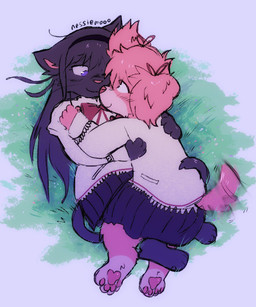 accessory anthro black_body black_fur black_hair black_tail blush blush_lines bow_tie cat_tail clothing cuddling duo eye_contact female female/female fluffy fur grass hair hair_accessory hairband hug hugging_another looking_at_another love lying lying_on_another on_back on_grass on_ground pawpads pigtails pink_body pink_fur pink_hair plant purple_eyes school_uniform short_tail simple_background tail tail_hug tail_motion tailwag uniform nessiemooo puella_magi puella_magi_madoka_magica homura_akemi madoka_kaname canid canine canis domestic_cat domestic_dog felid feline felis mammal 2024 hi_res signature