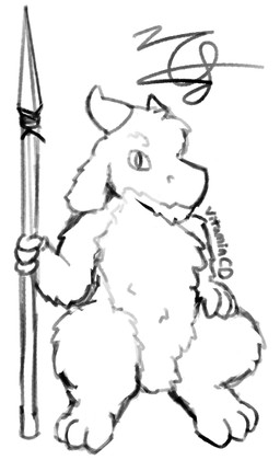 4_fingers ambiguous_gender anthro beard chest_tuft countershade_fur countershading crouching digitigrade facial_hair fingers floppy_ears fluffy fur horn looking_at_viewer melee_weapon polearm pupils slit_pupils snout solo spear tuft weapon cyan_melody ravik_(cyan_melody) furred_kobold furred_scalie kobold scalie hi_res signature