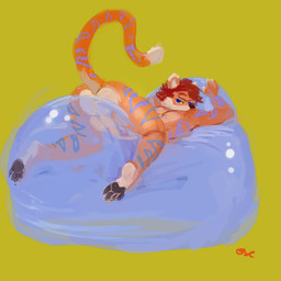 anthro balls black_pawpads blue_body blue_eyes blue_fur blue_tail brown_nose butt dipstick_ears dipstick_tail ear_markings erection eyewear fur genitals glasses glistening glistening_pawpads hair half-closed_eyes humanoid_genitalia humanoid_penis looking_at_viewer lying male markings multicolored_ears narrowed_eyes nude on_front orange_body orange_ears orange_fur orange_tail pawpads penis rectangular_glasses red_hair simple_background solo striped_arms striped_body striped_fur striped_legs striped_markings striped_tail stripes tail tail_markings tan_balls tan_penis three-quarter_view white_body white_ears white_fur white_tail yellow_background yellow_sclera oselotti felid mammal pantherine tiger 1:1 absurd_res hi_res signature