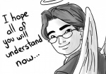 death eyewear glasses halo looking_at_viewer male not_furry sad simple_background smile solo text white_background wings unknown_artist nintendo real_world satoru_iwata angel angel_humanoid humanoid mammal winged_humanoid english_text in_memoriam monochrome