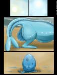 2017 absurd_res blue_eyes comic eeveelution egg female feral fur generation_1_pokemon heart_symbol hi_res looking_at_viewer mammal mewscaper nintendo oviposition pokemon pokemon_(species) pregnant pregnant_female pregnant_feral simple_background size_difference smile solo tail vaporeon