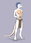 3_toes abs anthro biped blue_eyes blue_hair bottomwear claws clothed clothing digitigrade feet grey_background hair loincloth looking_at_viewer male navel pecs scales simple_background solo standing tail toe_claws toes topless white_body white_scales white_skin canned_(artist) mythology lizard mythological_creature mythological_scalie reptile scalie 2015