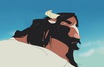 anthro beard clothed clothing facial_hair fully_clothed hair horn long_hair looking_aside low-angle_view male religion solo nasiijau bible christianity judas_iscariot_(film) jesus_christ bovid bovine cattle mammal 2025 bust_portrait hi_res portrait