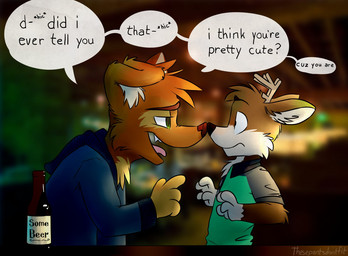 alcohol anthro beer beverage clothing dialogue drunk duo flirting green_eyes male male/male shirt substance_intoxication text topwear tinydeerguy darwin_(tinydeerguy) matt_riskely canid canine canis deer domestic_dog mammal english_text