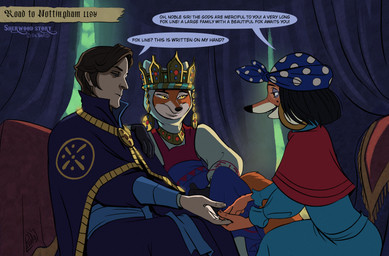 anthro carriage clothing costume deceit dialogue female fortune_teller fortune_telling glowing glowing_eyes group inside male narrowed_eyes nobleman noblewoman regalia sitting tail trio unimpressed yellow_eyes sir_paulus disney robin_hood_(disney) lisabeth_(lord_paulus) pavel_(fleetwoodbrak) robin_hood canid canine canis fox human mammal hi_res