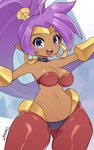 2023 5:8 absurd_res arumo breasts brown_body brown_skin cleavage clothed clothing ear_piercing ear_ring female genie hair hi_res humanoid humanoid_pointy_ears long_hair not_furry open_mouth piercing ponytail purple_hair ring_piercing shantae shantae_(series) signature simple_background solo tan_body tan_skin wayforward