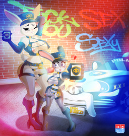 anthro bodily_fluids breasts car cosplay duo female genital_fluids genitals glans graffiti gynomorph gynomorph/gynomorph intersex intersex/intersex neon_lights nipples penis pink_glans pink_nipples police police_car police_officer police_vehicle pose precum street vehicle cranebear beastars disney zootopia haru_(beastars) judy_hopps domestic_rabbit dwarf_rabbit european_rabbit lagomorph leporid mammal netherland_dwarf_rabbit oryctolagus rabbit absurd_res crossover hi_res huge_filesize pinup