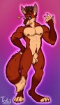 animal_genitalia anthro body_hair digitigrade eyewear genitals gesture glasses happy_trail looking_at_viewer male muscular nude one_eye_closed pose sheath simple_background solo waving waving_at_viewer wink totakeki tanos canid canine fox mammal 4:7 absurd_res hi_res