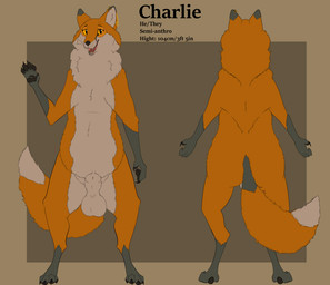 abstract_background animal_genitalia animal_penis anthro balls canine_genitalia canine_penis ear_piercing fully_sheathed fur genitals gesture looking_at_viewer male orange_body orange_fur penis piercing semi-anthro sheath solo waving waving_at_viewer whiskers white_body white_fur toothyfops charlie_(toothyfops) canid canine fox mammal hi_res model_sheet nonbinary_(lore)
