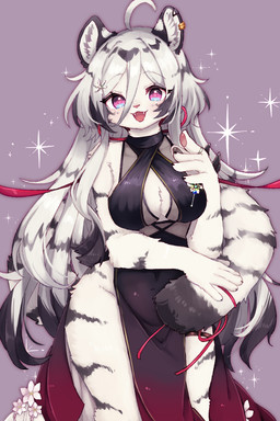 5_fingers accessory ahoge anthro biped black_body black_claws black_clothing black_dress black_ears black_fur black_hair black_stripes black_tail black_tail_tip blush bow_(feature) bow_ribbon breasts claws cleavage clothed clothed_anthro clothed_female clothing cute_fangs digit_ring dipstick_tail dress ear_piercing ear_ring eyelashes fangs female female_anthro finger_claws fingerpads fingers fluffy fluffy_tail front_view full_cleavage fully_clothed fully_clothed_anthro fully_clothed_female fur furgonomics glistening glistening_eyes grey_background grey_pawpads hair hair_accessory humanoid_hands inner_boob jewelry kemono legband long_hair looking_at_viewer markings medium_breasts multicolored_body multicolored_ears multicolored_fur multicolored_hair multicolored_tail navel_outline open_:3 pawpads piercing pink_eyes pink_nose pink_pawpads pink_pupils pink_tongue pupils red_bow red_ribbon ring ring_(jewelry) ring_piercing sideless_clothing sideless_dress simple_background solo sparkles standing stripes tail tail_accessory tail_markings teeth thighband tongue two_tone_body two_tone_ears two_tone_fur two_tone_hair two_tone_tail white_body white_ears white_fur white_hair white_inner_ear white_tail mokumokuuma mahjong_soul hannah_(mahjong_soul) felid mammal pantherine tiger 2024 2:3 colored digital_media_(artwork) hi_res portrait shaded three-quarter_portrait