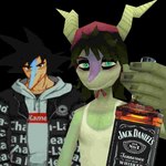 alcohol alternate_species anthro beverage black_background clothed clothing crossgender duo ftm_crossgender green_body green_eyes green_hair hair headgear headwear horn humor intentional_compression looking_at_viewer male shirt simple_background tank_top topwear slumbloom cavemanon_studios dragon_ball goku_drip jack_daniel's snoot_game goku schizo_chan_(snoot_game) dinosaur prehistoric_species reptile scalie 1:1 3d_(artwork) compression_artifacts digital_media_(artwork) meme