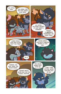 ambiguous_gender black_body black_fur blue_body blue_fur butt_tuft dialogue digitigrade fur grass group half-closed_eyes head_tuft headpat inner_ear_fluff jewelry lip_scar looking_at_another narrowed_eyes necklace outside pink_body pink_eyes pink_fur plant quadruped rug smile sparkles speech_bubble tail tail_tuft talking_to_another text trio tuft wristband yellow_body yellow_eyes yellow_fur wooled nintendo pokemon pokemon_mystery_dungeon spike_chunsoft amadeus_(wooled) malachi_(wooled) xavier_(wooled) generation_4_pokemon luxio pokemon_(species) shinx comic english_text hi_res