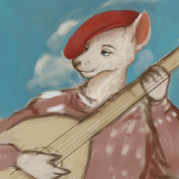 acoustic_guitar anthro beret blue_eyes clothing cloud ears_up eyebrows guitar hat headgear headwear looking_aside male musical_instrument outside plucked_string_instrument red_beret sky solo string_instrument reynard_goodfellow canid canine canis mammal wolf 1:1