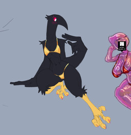 anthro arm_tuft beak big_beak big_breasts big_hands bikini biped black_body black_feathers blush blush_lines breasts chest_tuft clothing digitigrade duo eyelashes feathers feet female flat_chested front_view gold_bikini head_tuft huge_hands huge_hips long_eyelashes long_neck looking_aside looking_at_another navel non-mammal_navel pink_body pink_sclera pink_talons red_bikini red_clothing red_swimwear shoulder_tuft small_waist swimwear talons thick_thighs toes translucent translucent_body tuft two-piece_swimsuit white_eyes wide_hips winged_arms wings proxicute unknown_artist pepper_(proxicute) avian bird corvid corvus_(genus) crow goo_creature oscine passerine 2025 digital_media_(artwork) drawpile_(artwork)