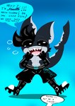 anthro black_body bottomwear bubble chibi clothing footwear hair happy male muscular neon pants shark_tail shoes solo text realta22 realta fish great_white_shark humanoid hybrid mackerel_shark marine shark white_shark absurd_res hi_res