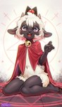 ambiguous_gender anthro bell bell_collar cloak cloak_only clothing cloven_hooves collar eyelashes fur hair hooves horizontal_pupils horn kneeling looking_at_viewer multicolored_body navel open_mouth pupils ritual_site solo teeth tongue two_tone_body white_body white_fur white_hair suahh cult_of_the_lamb massive_monster_(studio) lamb_(cult_of_the_lamb) bovid caprine mammal sheep 2025 hi_res signature