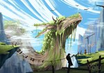 ambiguous_gender cloud feral mountain nature nature_background rock sky skyscape yolu mythology the_wandering_village onbu_(the_wandering_village) ambient_bird dragon elemental_creature mythological_creature mythological_scalie scalie