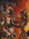 anthro anthro_on_anthro black_hair black_nose bottomwear breasts brown_body brown_fur clothed clothing duo female firelight fur hair loincloth male male/female markings romantic romantic_ambiance romantic_couple smile smoke spots spotted_body spotted_fur topless topless_anthro topless_female topless_male tribal cadmiumtea topaz_(kalahari) african_wild_dog canid canine genet mammal viverrid hi_res