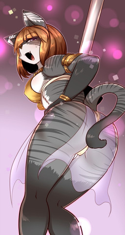 anthro armband bracelet breasts brown_hair butt clothing dancing female fur grey_body grey_fur hair jewelry kemono panties pole solo stripes stripper_pole underwear buried_frog domestic_cat felid feline felis mammal