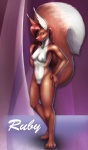 anthro areola breasts brown_body brown_eyes brown_fur brown_nose female fur genitals hair hand_on_hip long_hair looking_at_viewer navel nipples nude pink_nipples pussy raised_tail red_hair smile solo tail text white_body white_fur finir ruby_(ginaiswin) mammal rodent sciurid tree_squirrel 2015 english_text