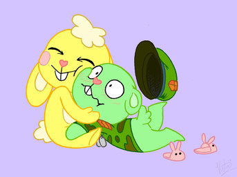 anthro black_eyes blonde_hair blush blush_lines clothing dog_tags duo eyes_closed flip_flops footwear fur green_body green_clothing green_ears green_fur green_hat green_headwear green_shirt green_tail green_topwear green_uniform hair hat headgear headwear hug long_ears love lying male male/male military_cap military_uniform multicolored_body multicolored_clothing multicolored_fur multicolored_shirt multicolored_topwear on_front pink_nose purple_background romantic romantic_couple sandals scut_tail shirt shoes short_tail simple_background sitting smile surprised tail teeth topwear two_tone_body two_tone_clothing two_tone_fur two_tone_shirt two_tone_topwear uniform yellow_body yellow_ears yellow_fur yellow_tail achromasloth happy_tree_friends cuddles_(htf) flippy_(htf) bear lagomorph leporid mammal rabbit 2019 digital_media_(artwork) hi_res