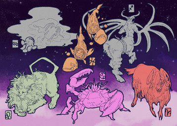 1_eye 3_legs ambiguous_gender aquarius_(symbol) aries_(symbol) astrological_symbol bubble cancer_(symbol) empty_eyes eyes_closed feral floating_head frown fur hair hair_over_eye hooves horn leo_(symbol) long_fur looking_at_viewer one_eye_obstructed open_mouth pisces_(symbol) puddle reflection sagittarius_(symbol) sky smile star starry_sky symbol tail unusual_anatomy unusual_wings western_zodiac_symbol wings kuvnilk off_(game) western_zodiac carnival_(off) cob_(off) herodotus_(off) justus_(off) maldicion_(off) psalmanazar_(off) source_(off) aquatic arthropod bovid caprine crab crustacean decapod equid equid_taur felid fish lion malacostracan mammal mammal_taur monster pantherine sheep taur 2025