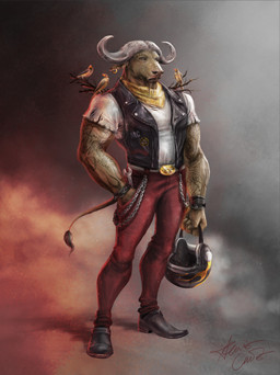 2_horns 5_fingers ambiguous_feral ambiguous_gender anthro arm_tattoo armor beak beak_closed belt belt_buckle bent_arm biker black_clothing black_footwear black_helmet black_shoes black_topwear black_vest black_wristband bottomwear braided_goatee brown_body brown_eyes brown_facial_hair brown_goatee brown_skin brown_tail brown_tail_tuft brown_wings buckle carrying_another chain clothed clothed_anthro clothed_male clothing curled_horn ear_piercing ear_ring eyebrow_piercing eyebrow_ring facial_hair facial_piercing feathered_wings feathers feet feral fingers folded_wings footwear fully_clothed fully_clothed_anthro fully_clothed_male goatee gold_(metal) gold_ear_ring grey_belt grey_horn group hand_in_pocket headgear helmet holding_armor holding_headgear holding_helmet holding_object horn kerchief larger_anthro larger_male light looking_at_viewer male male_anthro motorcycle_helmet mouth_closed multicolored_beak muscular muscular_anthro muscular_male neckerchief neckwear on_shoulder open_clothing open_topwear open_vest pants perching piercing pockets red_beak red_bottomwear red_clothing red_eyes red_pants ring_piercing shirt shoes simple_background size_difference smaller_ambiguous smaller_feral smoke standing stick t-shirt tail tail_feathers tail_tuft talons tan_body tan_feathers tan_tail tattoo text toes tools topwear torn_clothing torn_shirt torn_t-shirt torn_topwear tuft two_tone_beak vest white_clothing white_shirt white_t-shirt white_topwear wings wrench yellow_beak yellow_kerchief yellow_neckerchief alessia_cimata aaron_syncerus avian bird bovid bovine buffalo cattle mammal 2018 absurd_res adobe_photoshop_(artwork) colored digital_drawing_(artwork) digital_media_(artwork) english_description english_text hi_res lighting procreate_(artwork) shaded signature story story_in_description