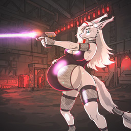 anthro armwear bodysuit cleavage_cutout clothing cutout ear_tuft female fishnet_armwear fishnet_bodysuit fishnet_clothing fishnet_legwear fishnet_skinsuit fishnet_tailwear gun hair handgun highlights_(coloring) laser legwear long_ears long_hair long_tail one-piece_swimsuit pistol pregnant purple_clothing purple_swimwear ranged_weapon red_highlights shooting_gun skinsuit solo straps swimwear tail tight_clothing tuft weapon white_hair indigobx vega_chioni_(indigobx) canid canine mammal 1:1 hi_res