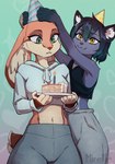 anthro biped birthday cake cake_slice celebration clothing crop_top dessert duo female food fur hat headgear headwear hoodie party_hat shirt tail topwear unluckymireille ri_(freeedon) lagomorph leporid mammal rabbit absurd_res digital_media_(artwork) hi_res