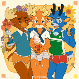 anthro antlers blue_body blue_eyes blue_fur boxer_briefs brown_body brown_eyes brown_fur bulge canned_drink clothed clothing collared_shirt crop_top flower food fur group horn ice_cream_cone kemono kerchief looking_at_viewer male multicolored_body multicolored_fur orange_body orange_eyes orange_fur pantsless plant sailor_uniform shirt tan_body tan_fur tank_top topwear trio two_tone_body two_tone_fur underwear uniform water weibo_logo white_body white_fur milkybot animal_crossing nintendo weibo bam_(animal_crossing) beau_(animal_crossing) erik_(animal_crossing) ambient_arthropod ambient_dragonfly ambient_insect antelope bovid deer mammal moose new_world_deer 2026 absurd_res hi_res