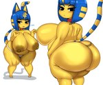 2022 4_fingers absurd_res animal_crossing ankha_(animal_crossing) anthro areola bangs bell bell_collar belly belly_overhang big_breasts big_butt biped black_eyes blue_body blue_fur blue_hair blunt_bangs blush bottomwear breasts butt clothing collar collarbone curvy_figure cute_fangs digital_media_(artwork) domestic_cat egyptian eyelashes felid feline felis female fingers fladdykin front_and_back front_view fur hair hi_res huge_breasts huge_butt looking_at_viewer looking_back love_handles mammal multicolored_body multicolored_fur multiple_angles multiple_poses navel nintendo nipples no_pupils noseless open_mouth overweight overweight_anthro overweight_female paw_pose pose rear_view short_stack side_belly simple_background slightly_chubby slightly_chubby_female solo standing teeth text thick_thighs two_tone_body two_tone_fur uraeus white_background wide_hips yellow_body yellow_fur