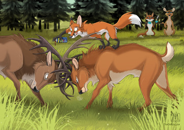 anthro antlers antlers_stuck antlers_together audience beverage black_ear_tips blue_eyes clearing coffee coffee_cup container cup dipstick_ears ear_markings ears_up eye_contact female feral forest fur grass group helping horn hot_beverage locked locked_antlers looking_at_another looking_at_viewer male multicolored_ears narrowed_eyes orange_body orange_fur outside paintbrush_tail plant sitting standing standing_on_another steam steaming steaming_cup stuck tail tongue tongue_out tree unimpressed white_body white_fur conditional_dnp tani_da_real wd-40 canid canine deer fox mammal red_fox true_fox