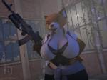 anthro big_breasts biped bra breasts brown_body brown_fur brown_nose cleavage clothed clothing female fur gun lips moon nails night open_mouth orange_body orange_fur outside ranged_weapon rifle shirt solo standing teeth text topwear underwear weapon wide_hips blx24 canid canine fox mammal 2016 3d_(artwork) 4:3 digital_media_(artwork) english_text hi_res